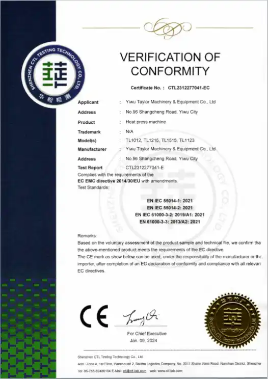 Taile Heat Press Machine Certificate