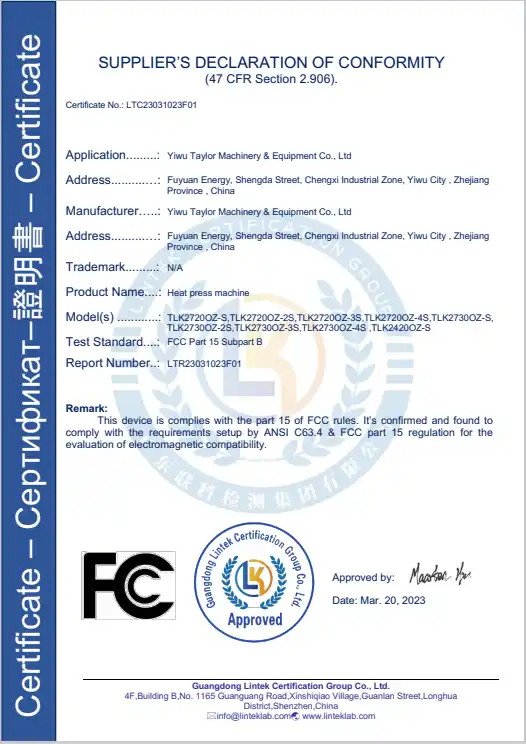 Taile Heat Press Machine Certificate