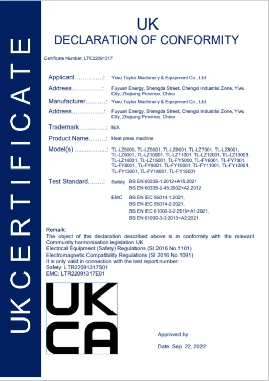 Taile Heat Press Machine Certificate